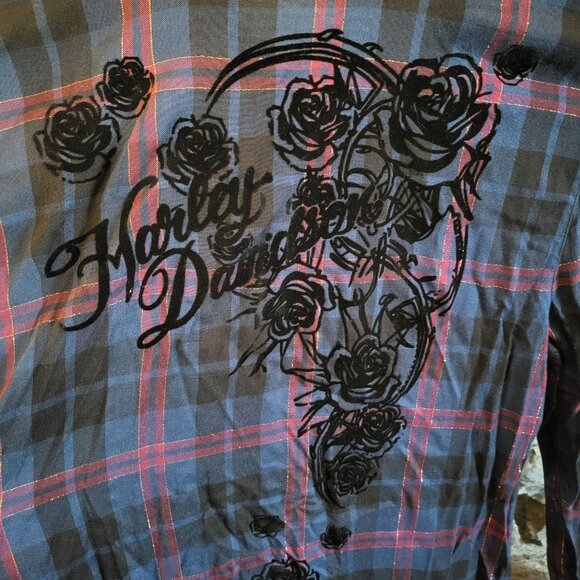Harley Davidson Plaid Metallic Button Up Shirt Womens Medium Roses Navy Blue - Picture 8 of 10